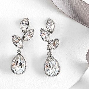 Silvertone Crystal Leaf Statement Drop Earrings with Swarovski Crystals
